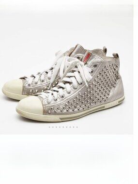 Prada Silver Leather Studded High Top Sneaker size 40